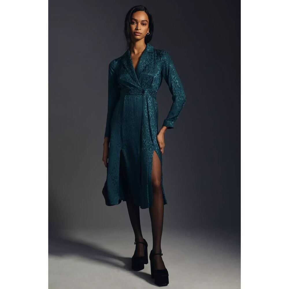 Anthropologie Blazer Wrap Dress Teal Green Textured Jacquard Long Sleeve Size 4